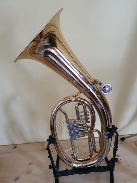 Ein goldenes Tenorhorn steht auf einem Ständer vor schlichtem Hintergrund.